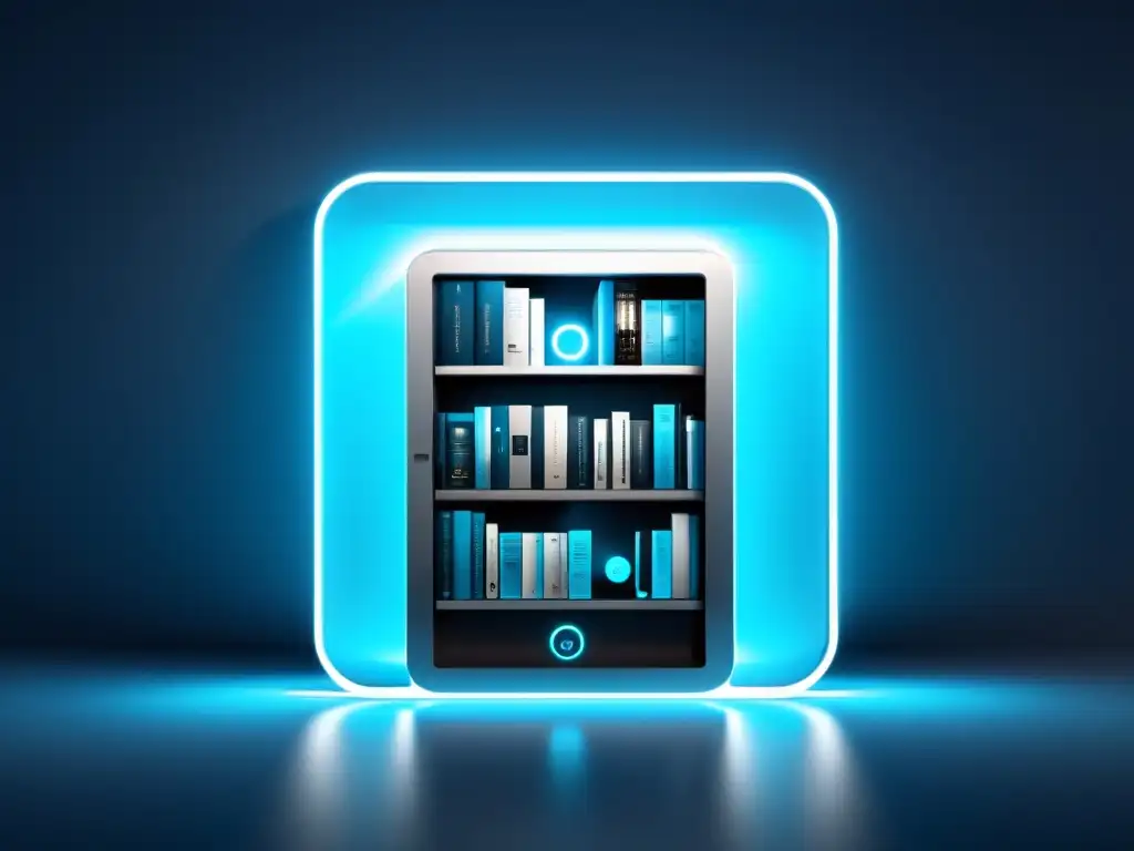 Digital bookshelf con protección de ebooks contra piratería en ambiente de alta tecnología y seguridad avanzada