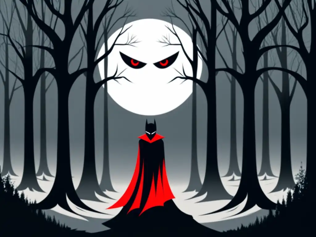 Ilustración digital en blanco y negro de un vampiro solitario en un bosque iluminado por la luna