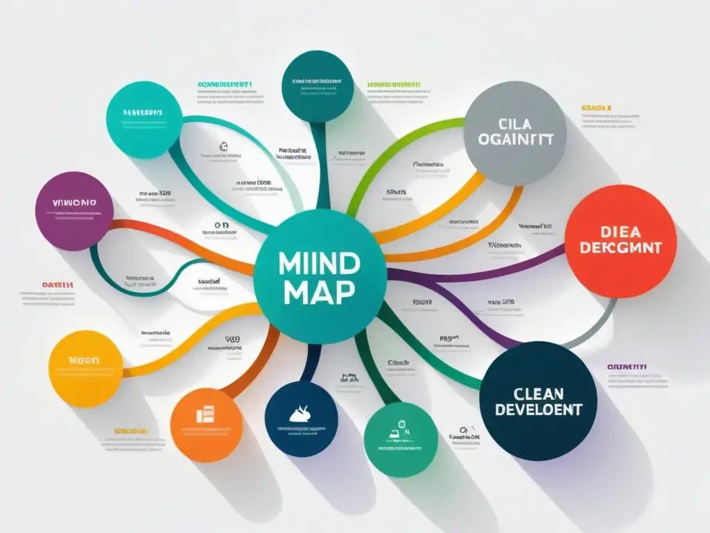 Mind map digital en colores vibrantes sobre fondo blanco, evoca organización y creatividad