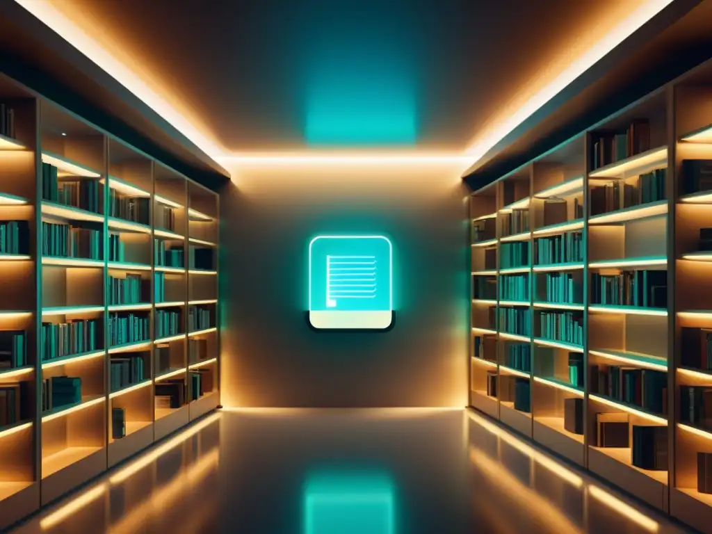 Una ilustración digital minimalista de una biblioteca futurista, con libros electrónicos encriptados protegidos por cerraduras digitales