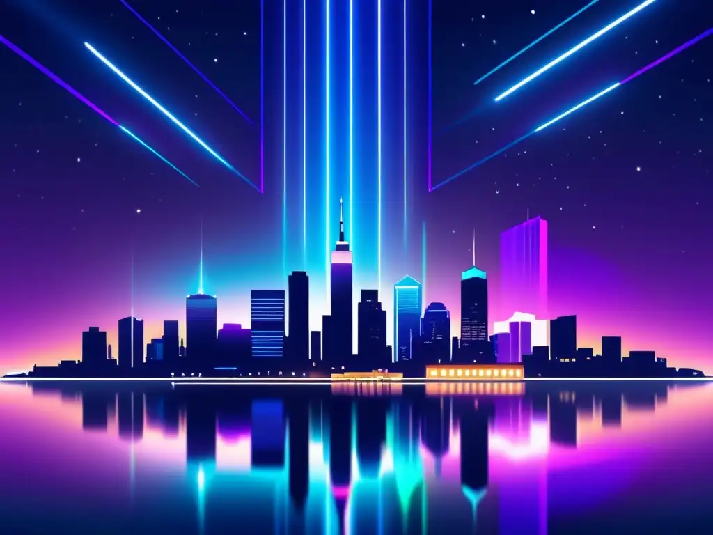 Una ilustración digital minimalista detallada de un skyline urbano moderno de noche, con rascacielos futuristas iluminados por luces de neón y un cielo estrellado