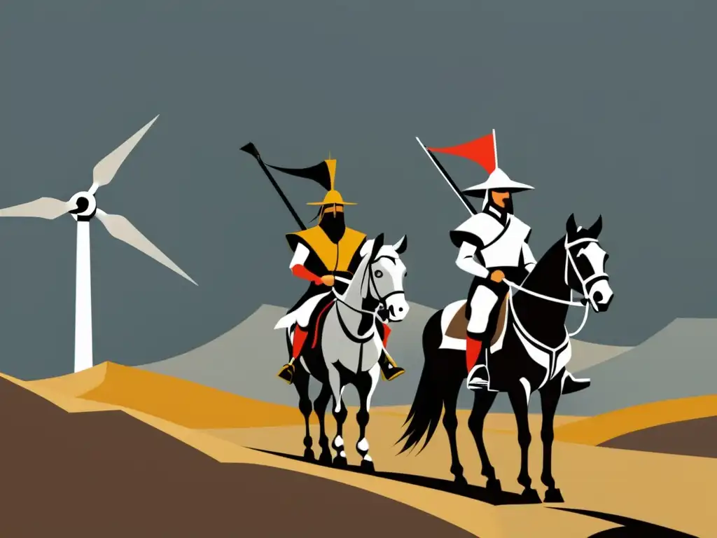 Viaje melancólico de Don Quijote y Sancho Panza Ilustración digital minimalista de Don Quijote y Sancho Panza cabalgando en un paisaje desolado, con molinos de viento al fondo