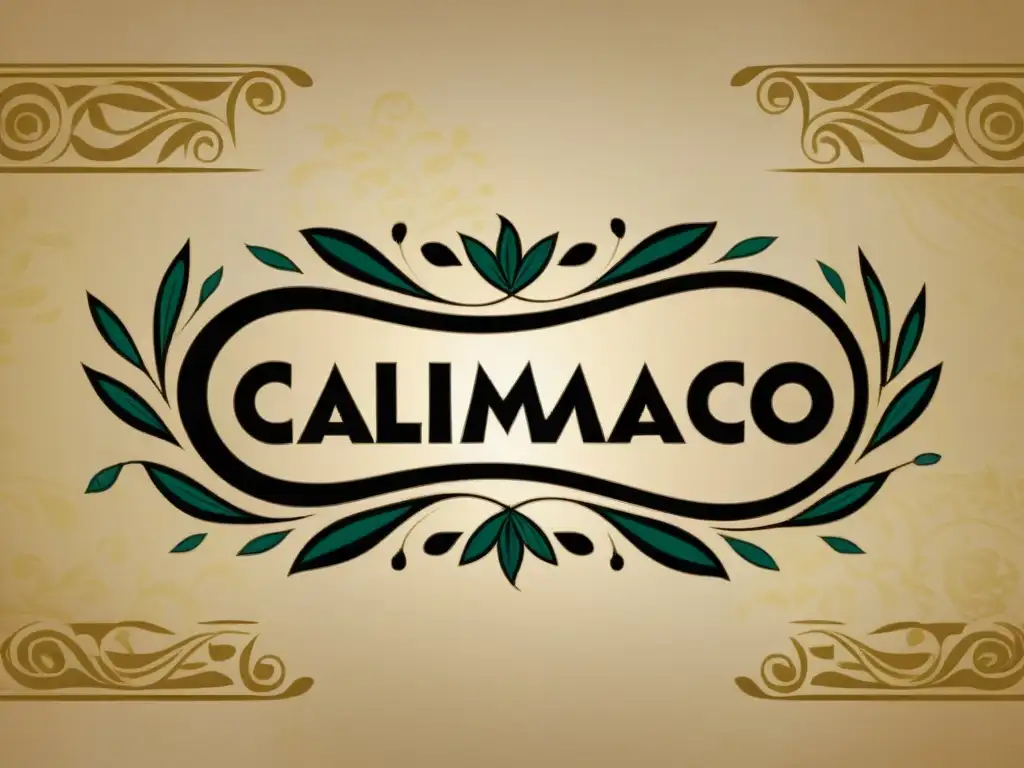 Una ilustración digital minimalista de un pergamino con patrones y símbolos griegos, con el nombre 'Calímaco' inscrito en el centro
