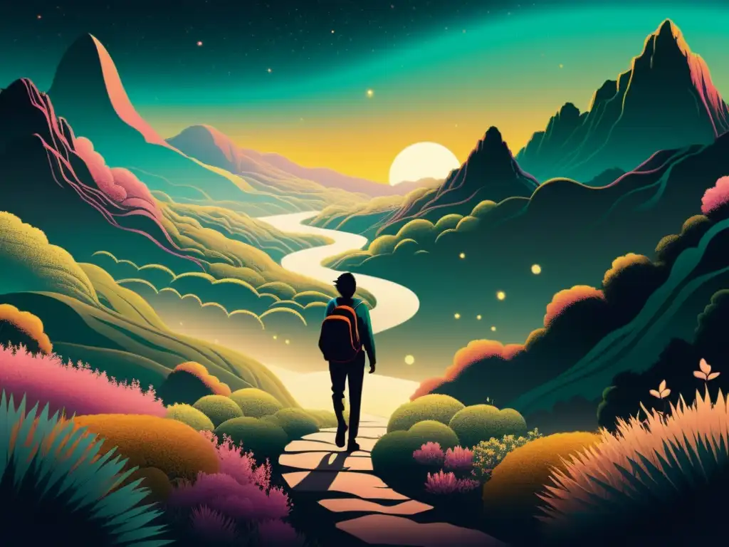 Ilustración digital minimalista de un sendero intrincado en un paisaje fantástico, con una figura solitaria