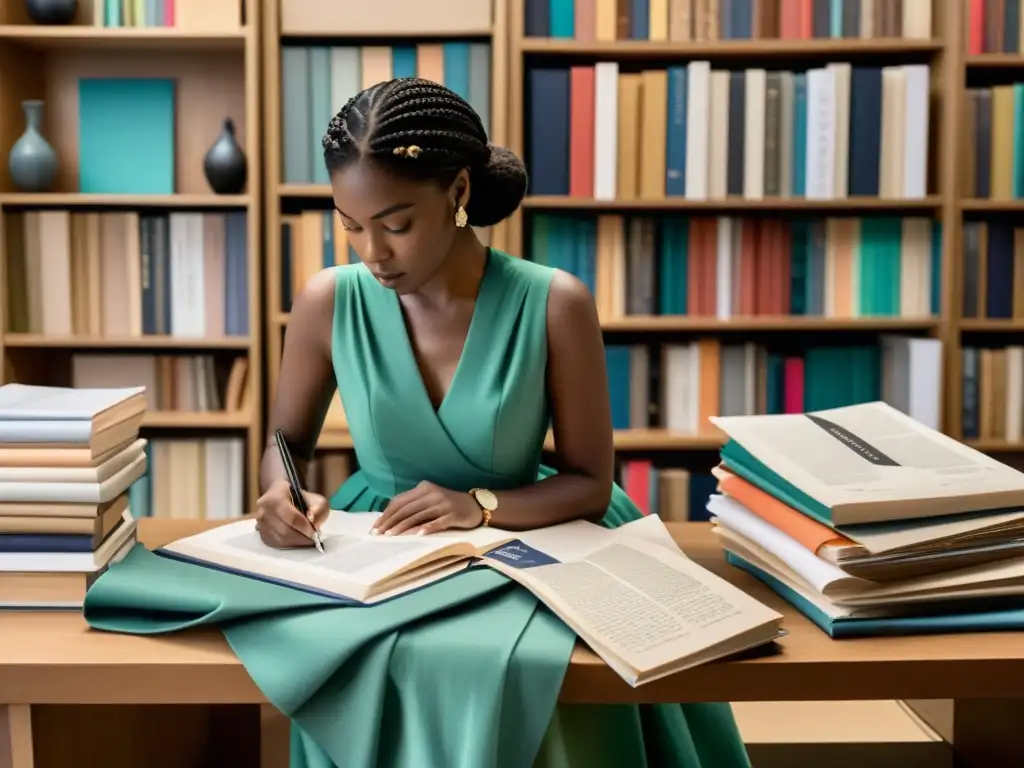 Un diseñador de moda esboza un vestido inspirado en la literatura clásica, rodeado de libros, telas y un panel de inspiración