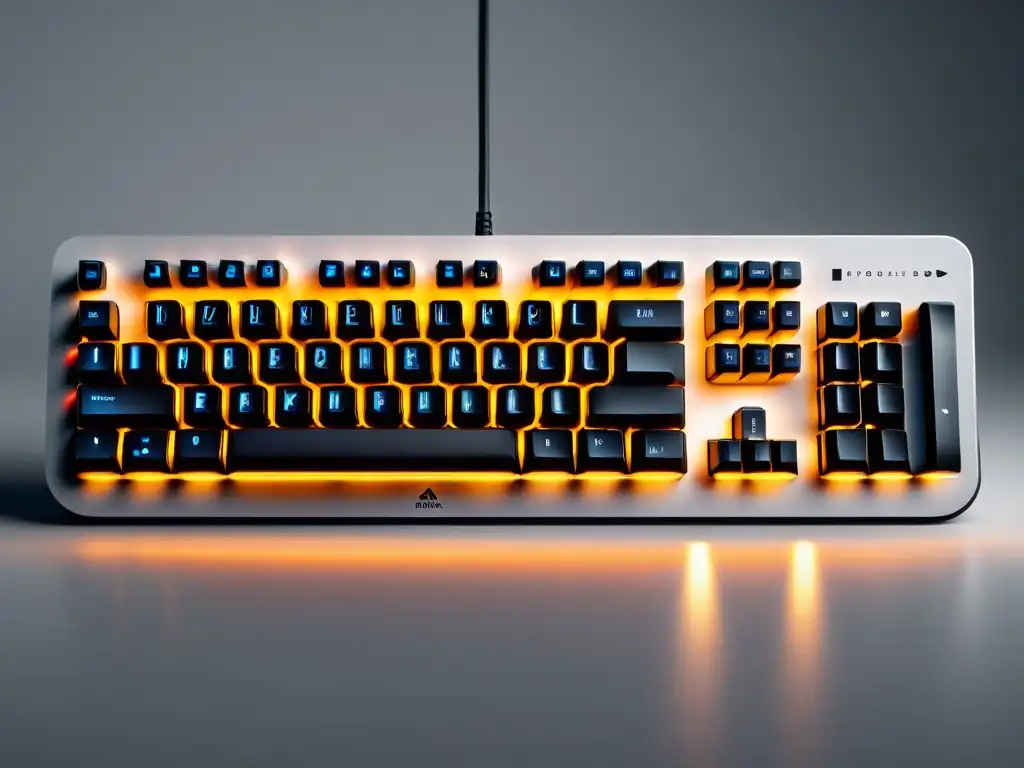 Diseño de Interfaz en Software Escritura: Teclado ergonómico con iluminación suave sobre fondo blanco, una atmósfera sofisticada y eficiente