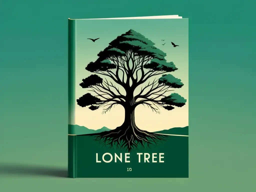 Un diseño minimalista de portada para libros que muestra una ilustración monocromática impactante de un árbol solitario en un paisaje vacío