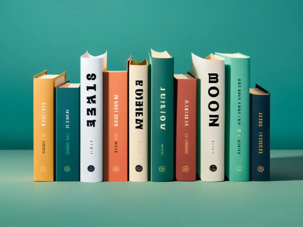 Diseño de portada para libros: Una composición minimalista de libros apilados, representando distintos géneros con tipografía audaz y colores sutiles