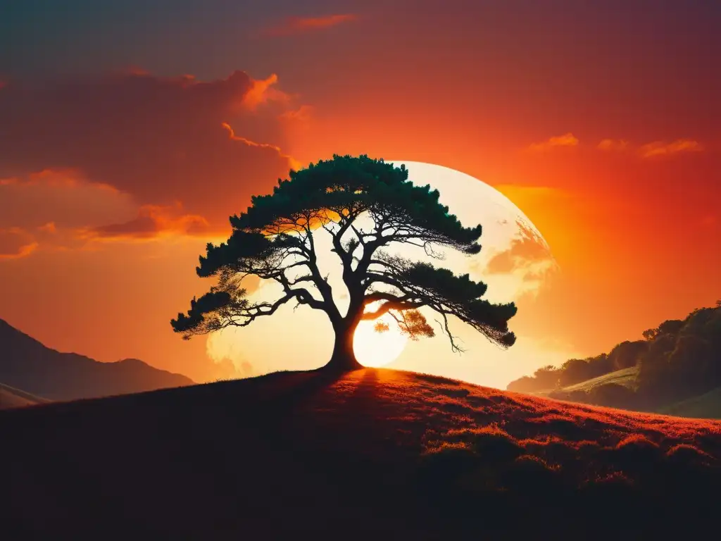 Diseño de portada para libros: Solitario árbol en vivo atardecer, evocando serenidad y reflexión