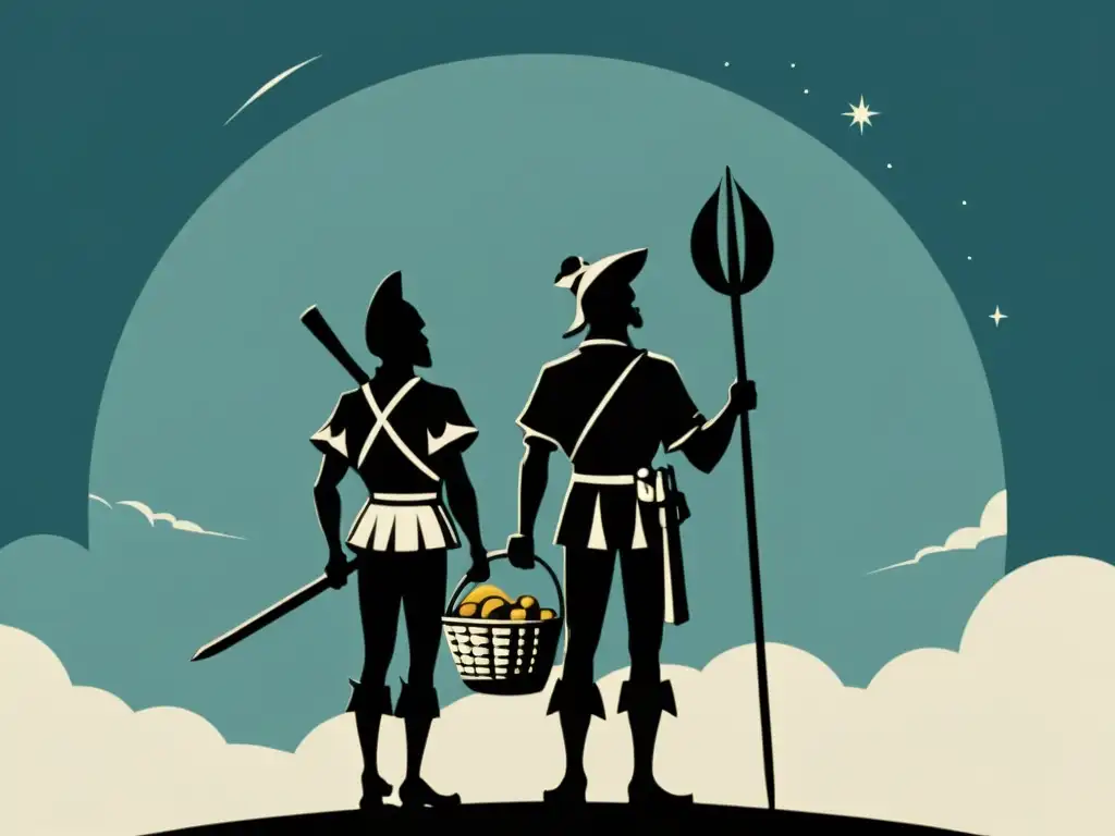 Don Quijote y Sancho Panza, la dualidad humor y tragedia en Don Quijote, reflejada en una ilustración minimalista en blanco y negro