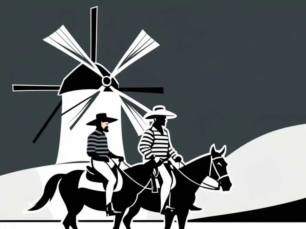 Don Quijote y Sancho Panza cabalgan en una ilustración minimalista en blanco y negro, con el molino de viento de fondo