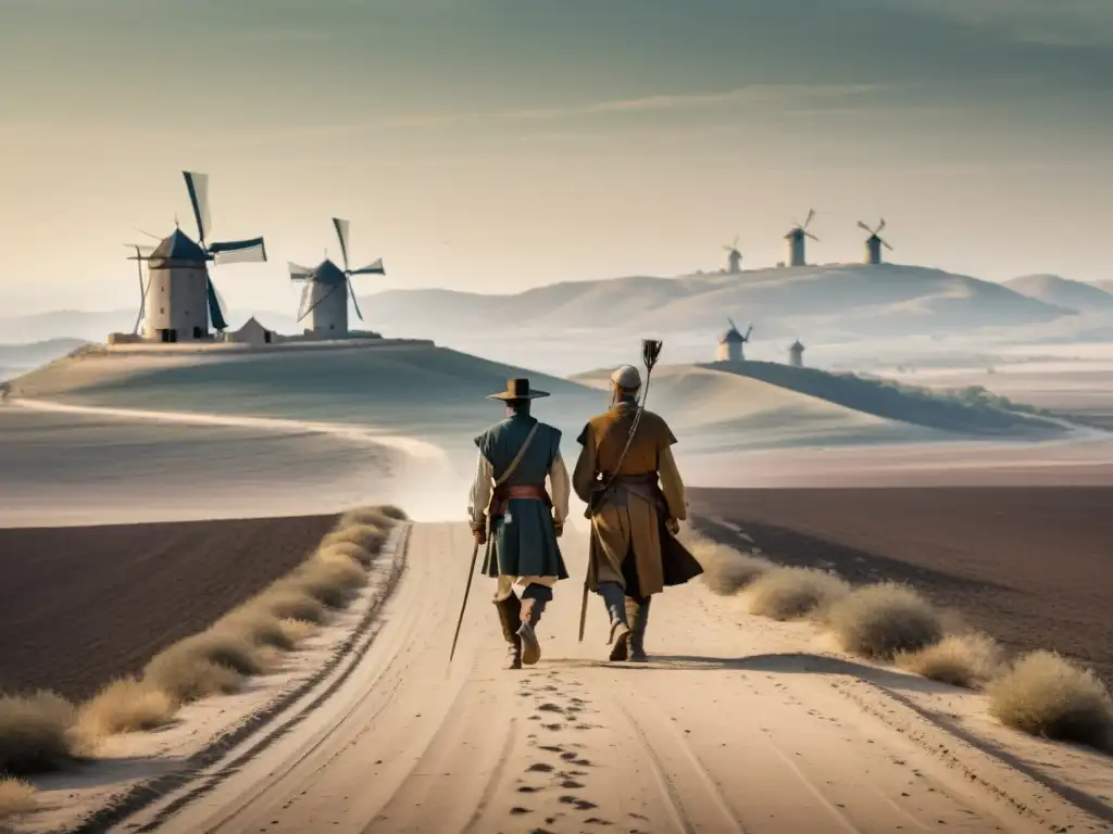 Travesía de Don Quijote y Sancho Panza Don Quijote y Sancho Panza caminan en un paisaje desolado con molinos de viento
