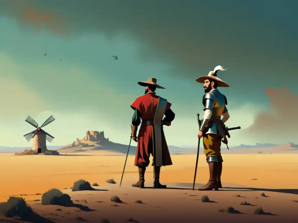 Don Quijote y Sancho Panza en un paisaje etéreo con realismo mágico en El Quijote