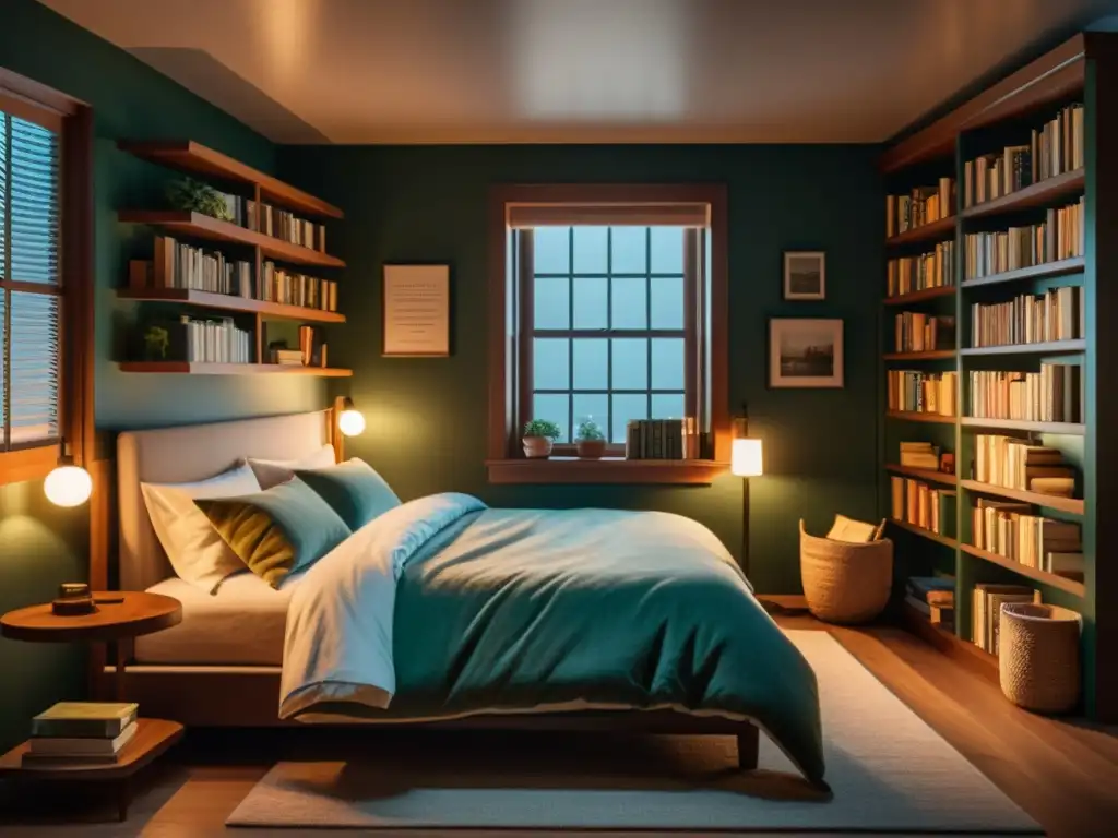 Un dormitorio acogedor con pijamas literarios cómodos para dormir, libros clásicos y una atmósfera cálida y tranquila