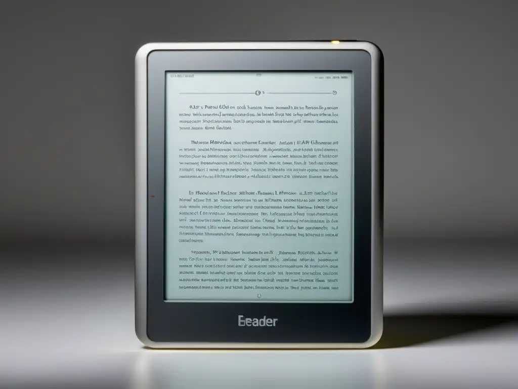 Una eficiente organización de ebooks en un moderno lector electrónico, iluminado por luz suave en una superficie blanca