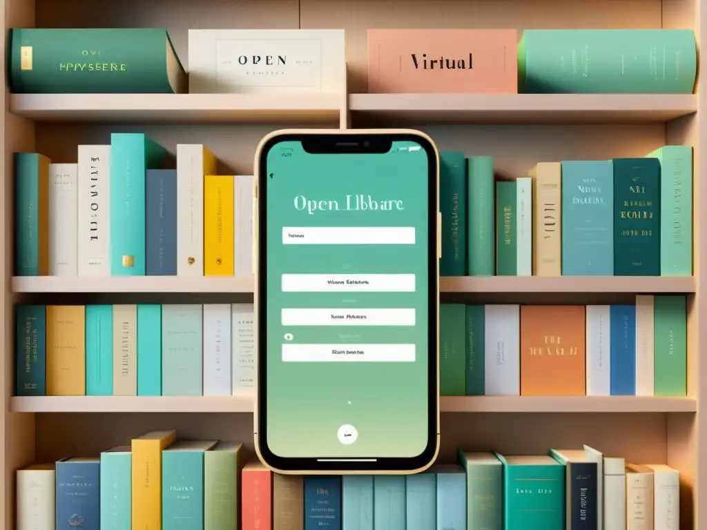 Captura la elegancia de una biblioteca virtual en un smartphone, con los mejores clásicos y literatura moderna organizados en estanterías virtuales