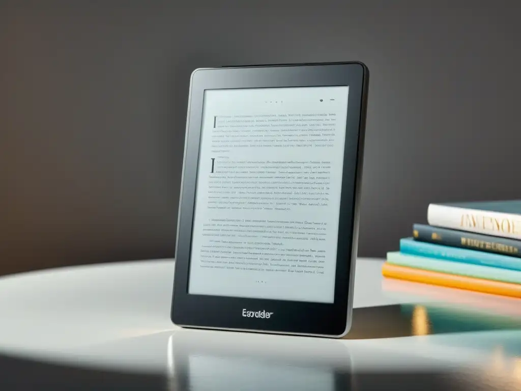 Un elegante ereader muestra una biblioteca sincronizada de libros digitales