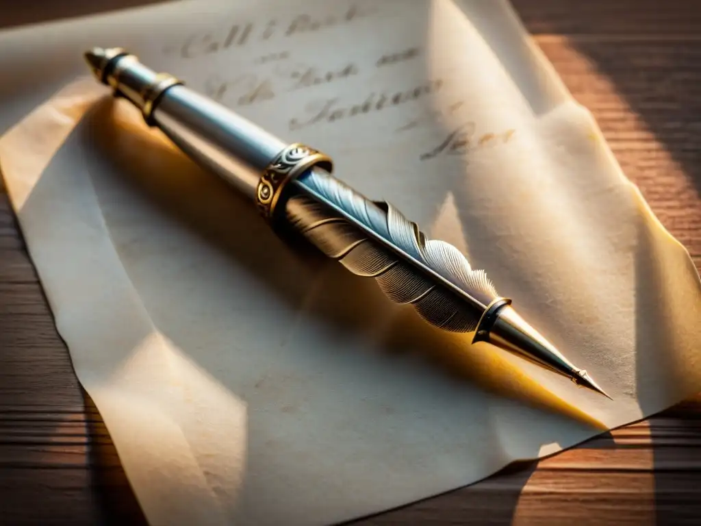 Pluma caligráfica antigua sobre pergamino en blanco Un elegante bolígrafo de caligrafía manierista reposa sobre un pergamino envejecido, evocando elegancia estilística y sofisticación atemporal