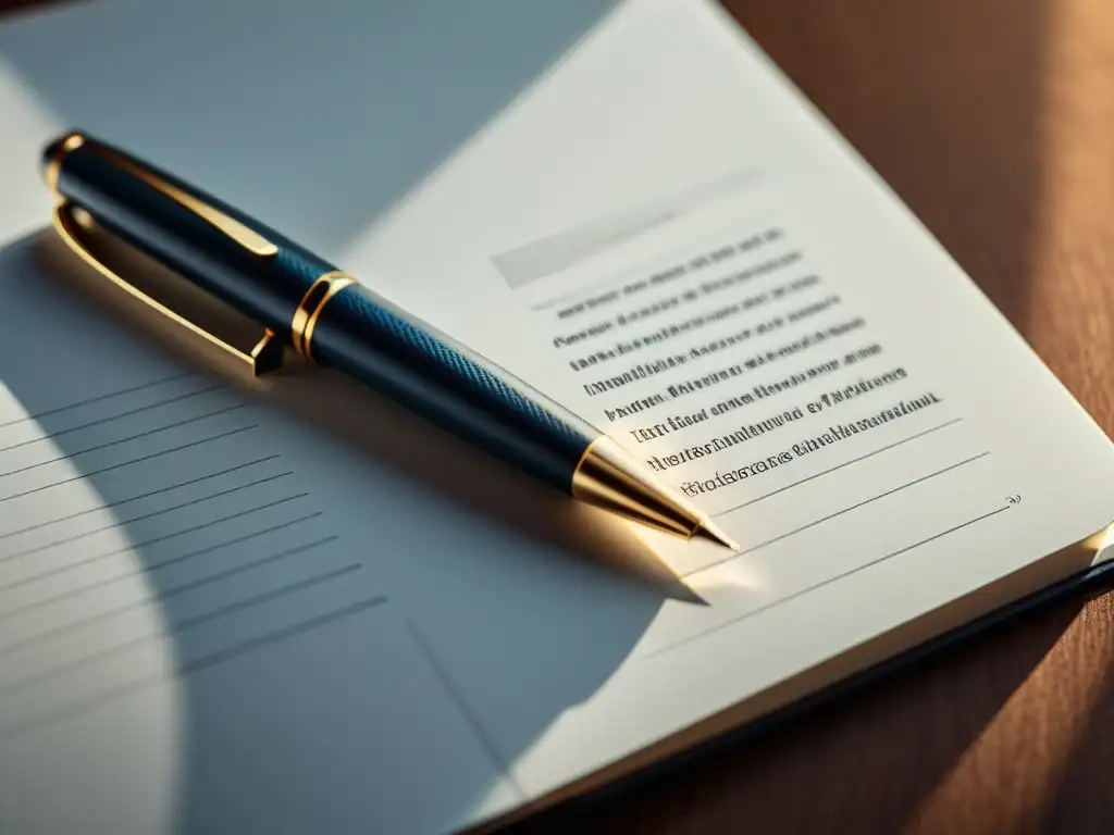 Un elegante bolígrafo descansa sobre un cuaderno blanco, iluminado por luz natural, en una imagen minimalista y detallada en 8k