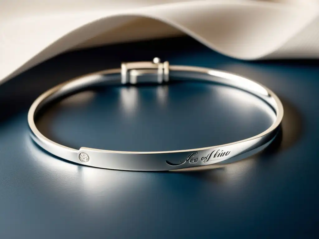 Un elegante brazalete de plata pulida con una delicada inscripción en caligrafía, que destaca el impacto de la poesía en la moda