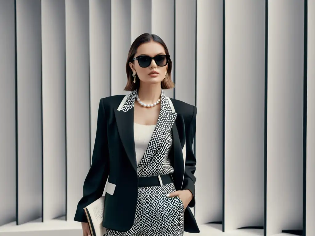 Una elegante combinación en blanco y negro con un blazer con estampado de libros