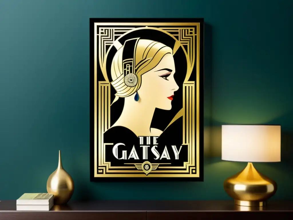 Un elegante cuadro de la portada de 'El Gran Gatsby' en dorado, evocando la era del jazz y el lujo de los años 20