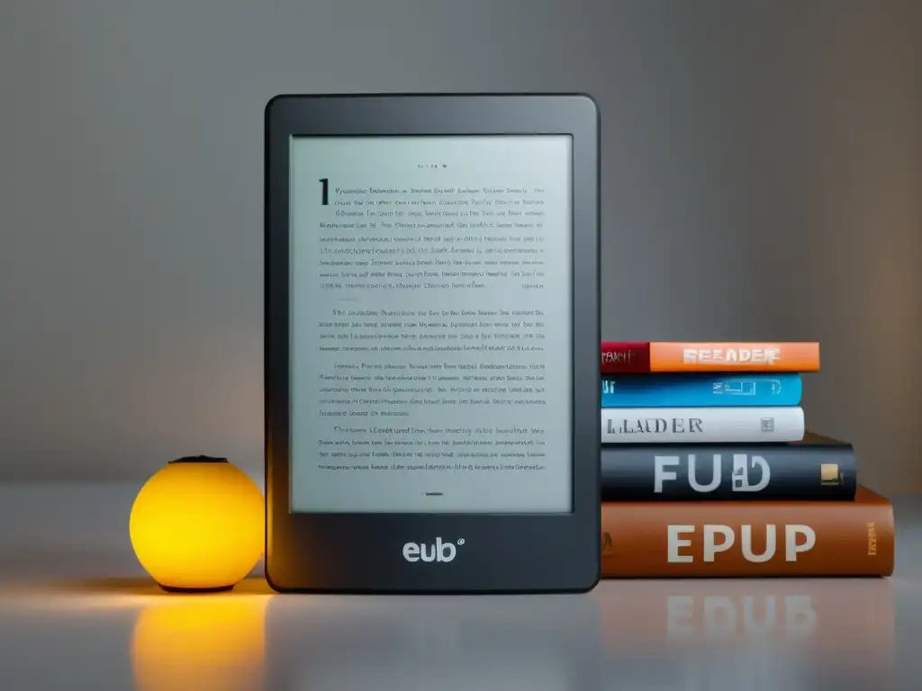 Un elegante ereader iluminado muestra el logo EPUB junto a libros digitales apilados, en un fondo blanco