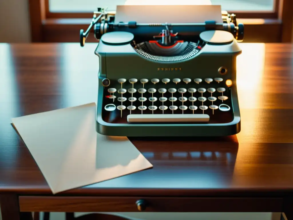 Una elegante escena que evoca la artesanía literaria con una máquina de escribir vintage y una hoja en blanco sobre un escritorio de madera