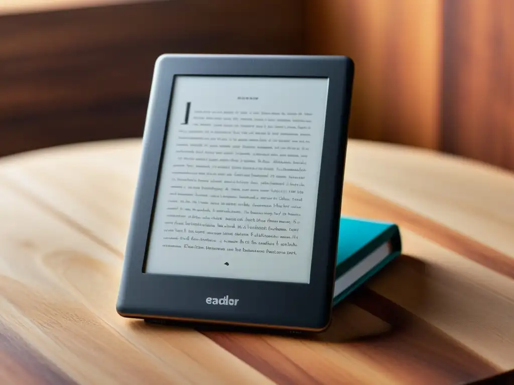 Una elegante escena de lectura digital con un lector de ebooks sobre una mesa de madera pulida