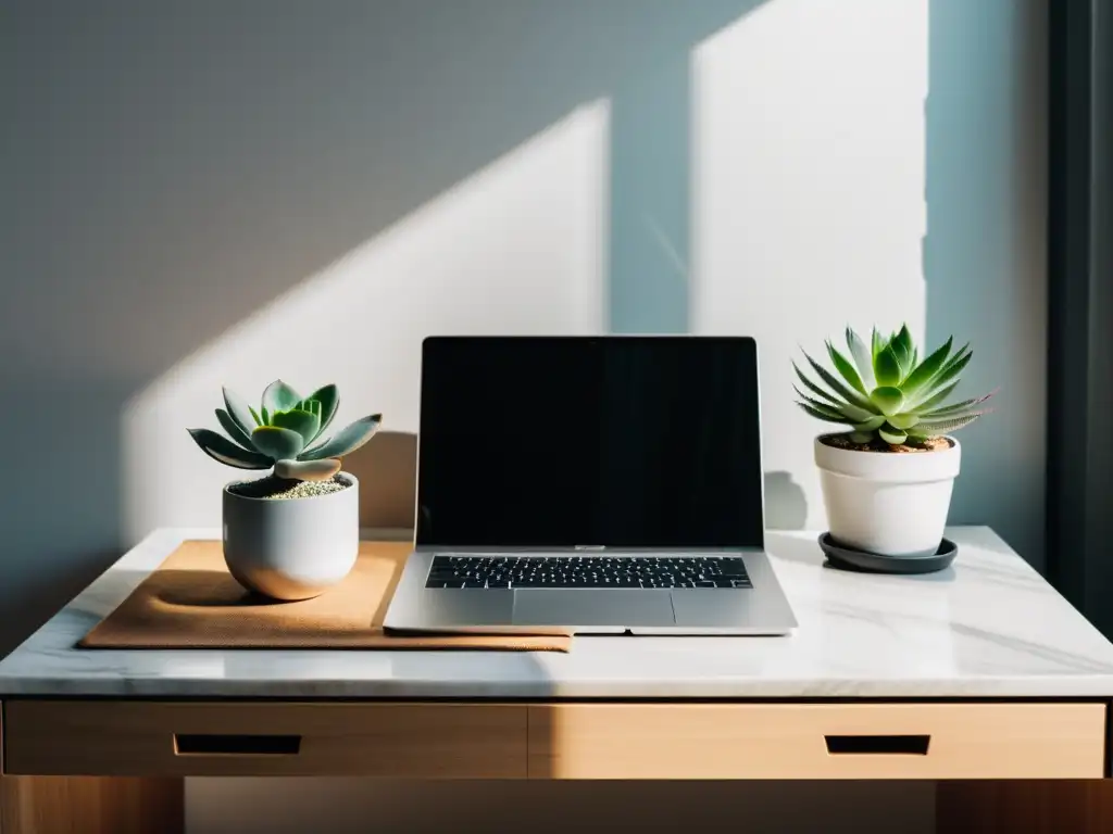 Un elegante escritorio de mármol blanco con una planta suculenta y accesorios modernos