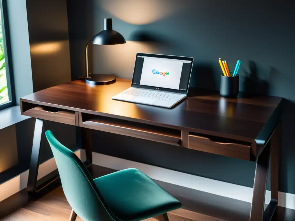 Un elegante escritorio de madera oscura con laptop y luz natural