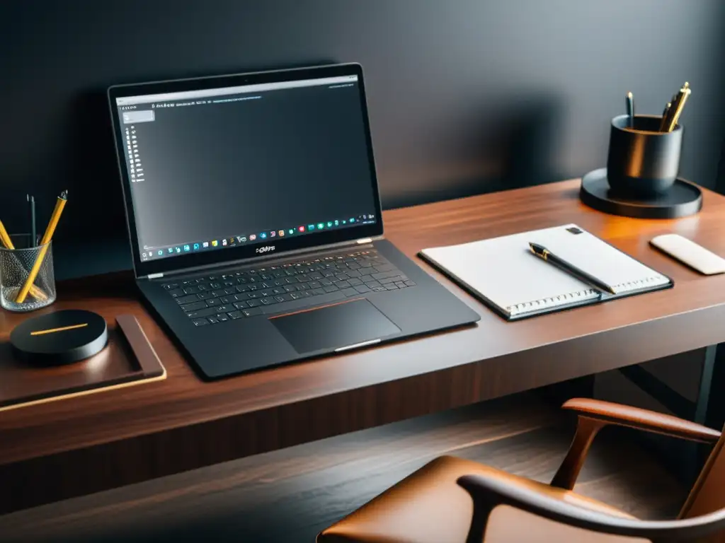 Un elegante escritorio de madera oscura con laptop, tablet y herramientas de escritura