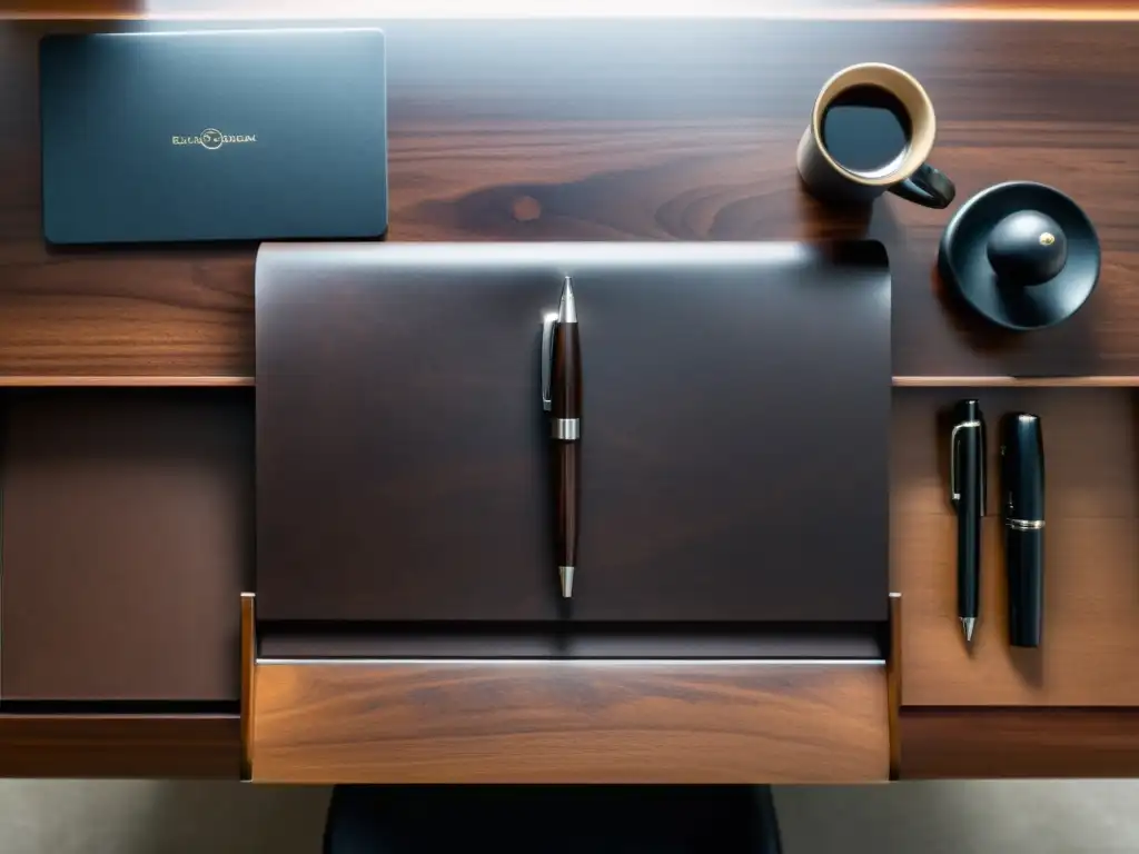 Un elegante escritorio de madera oscura bañado en luz natural, con una pluma y cuero