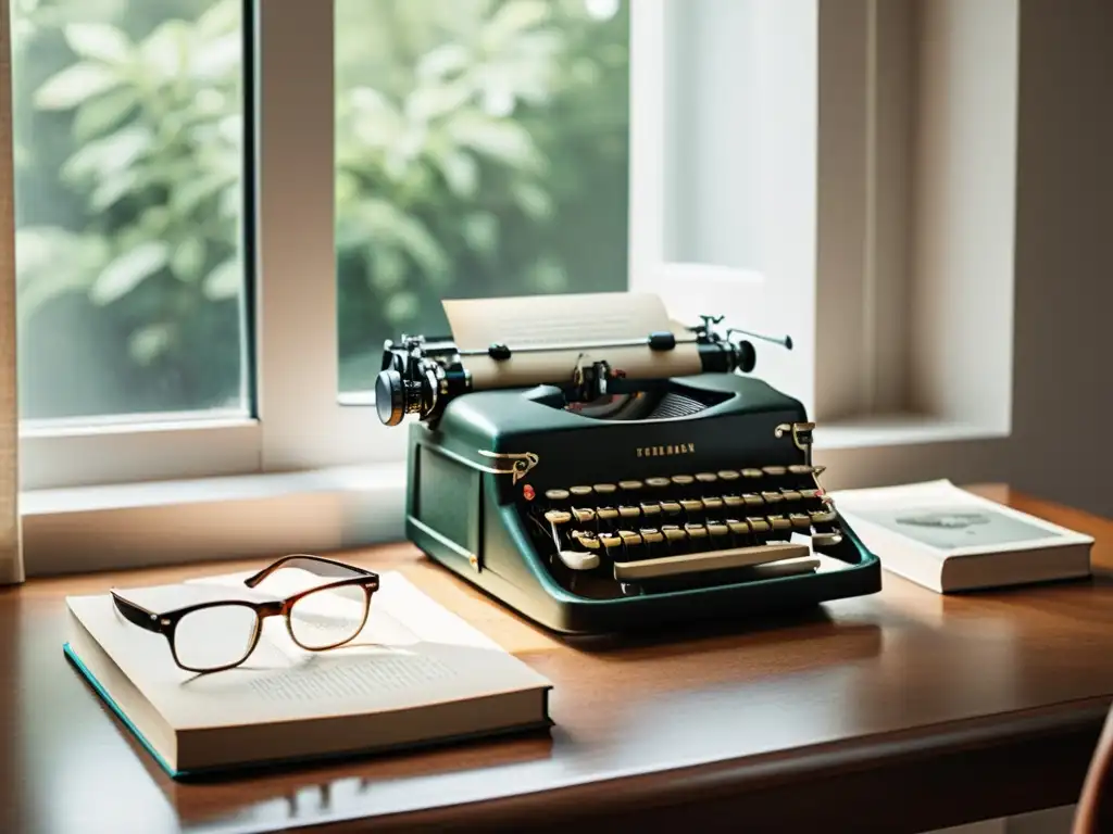 Un elegante escritorio con una máquina de escribir vintage, libros encuadernados en cuero y gafas de lectura, bañado en suave luz natural