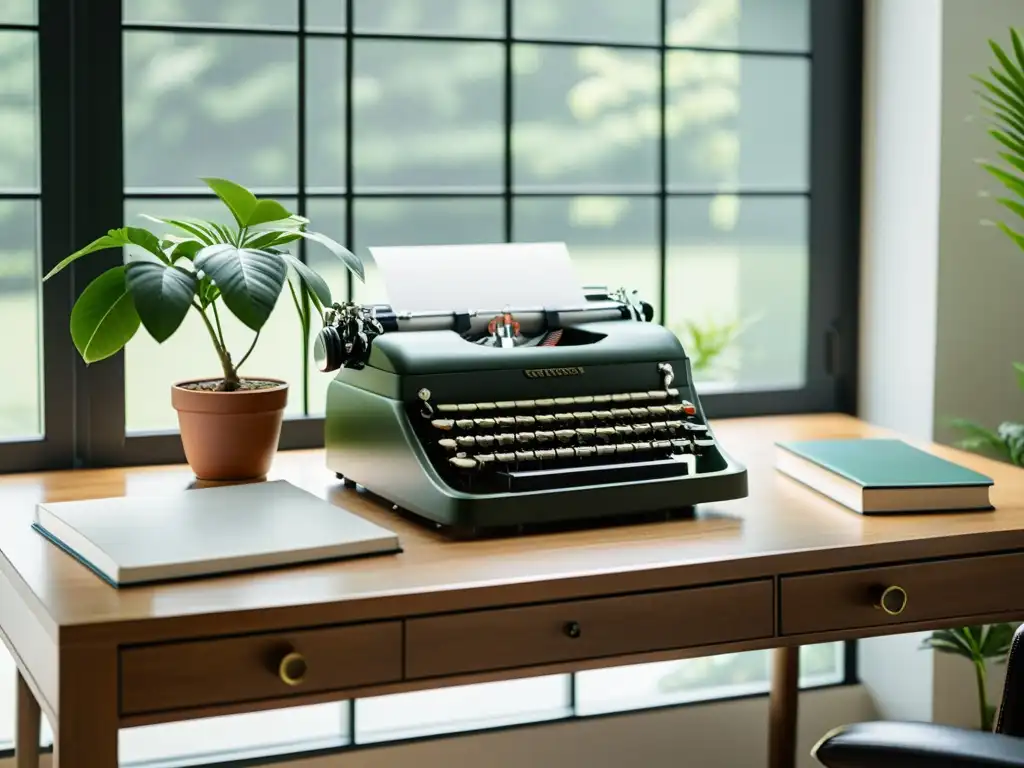 Un elegante escritorio con una máquina de escribir vintage junto a una ventana iluminada