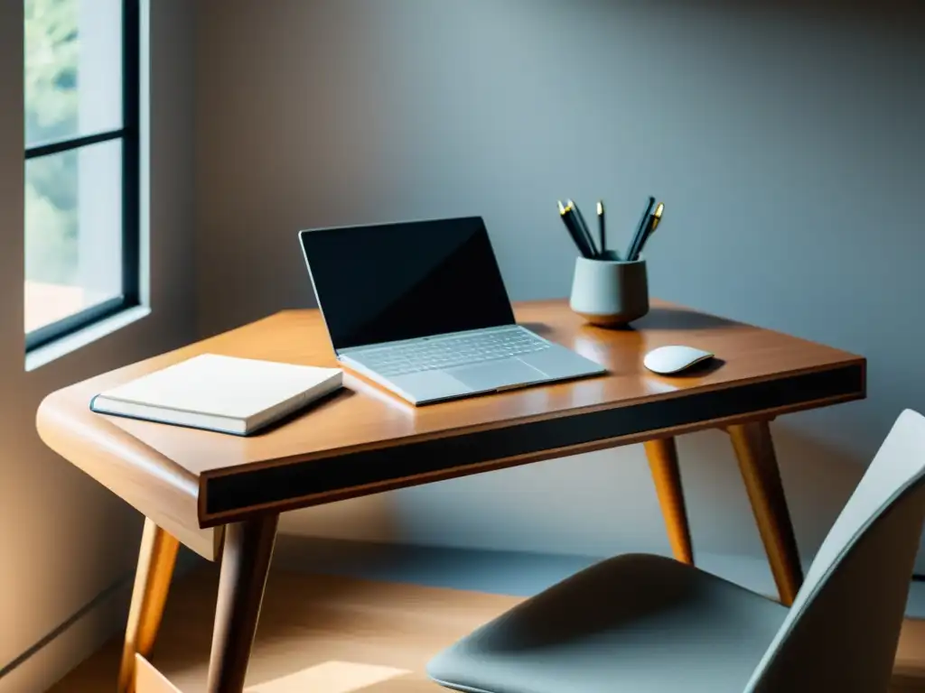 Un elegante escritorio minimalista bañado en luz natural, con una laptop de alta gama, un cuaderno elegante y una pluma pulida