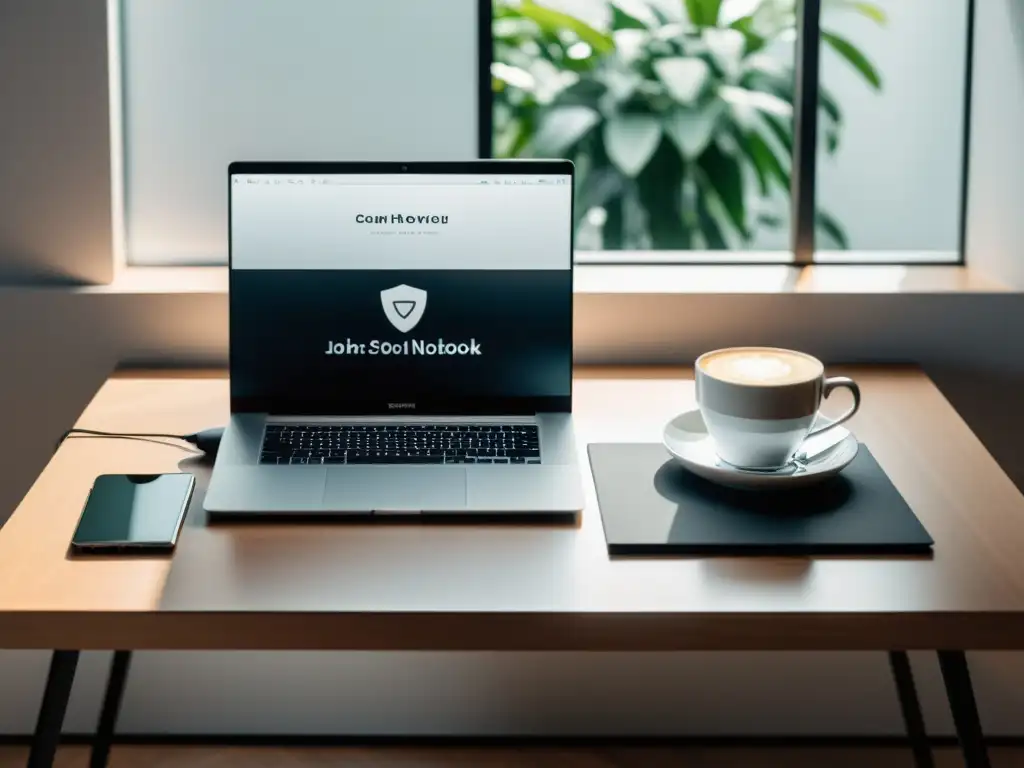 Un elegante escritorio minimalista con laptop, cuaderno y café, bañado en luz natural