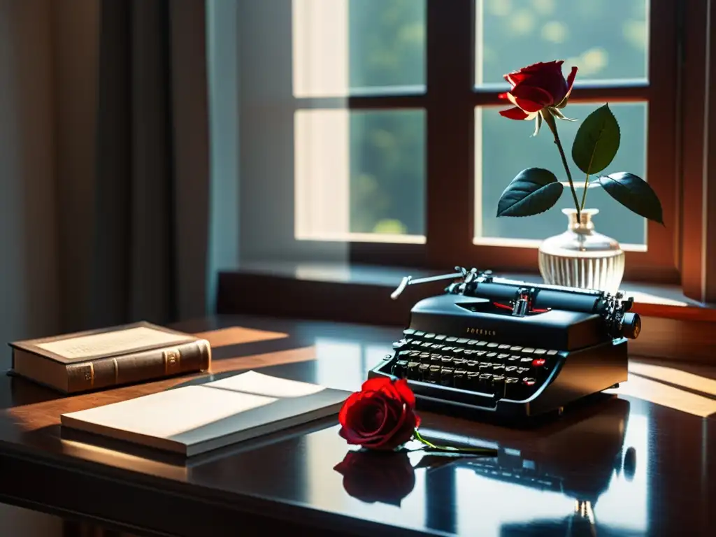 Un elegante escritorio minimalista con una máquina de escribir vintage, libros encuadernados en cuero y una rosa roja en un jarrón de cristal