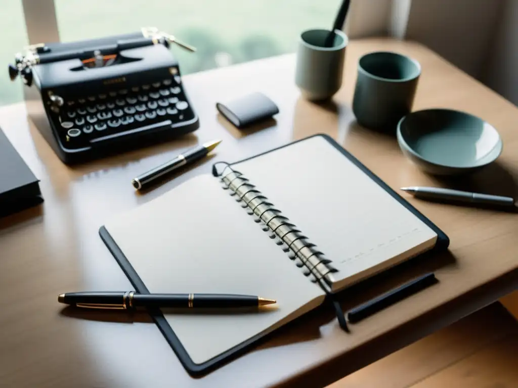 Un elegante escritorio minimalista con una moderna agenda digital abierta en una tableta, rodeada de herramientas de escritura analógicas