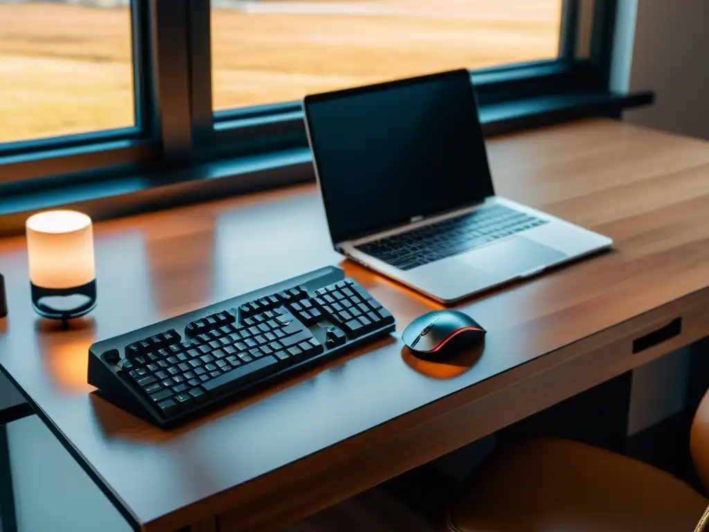 Un elegante escritorio minimalista con teclado mecánico, mouse inalámbrico y lámpara, perfecto para elegir software escritura estilo narrativo