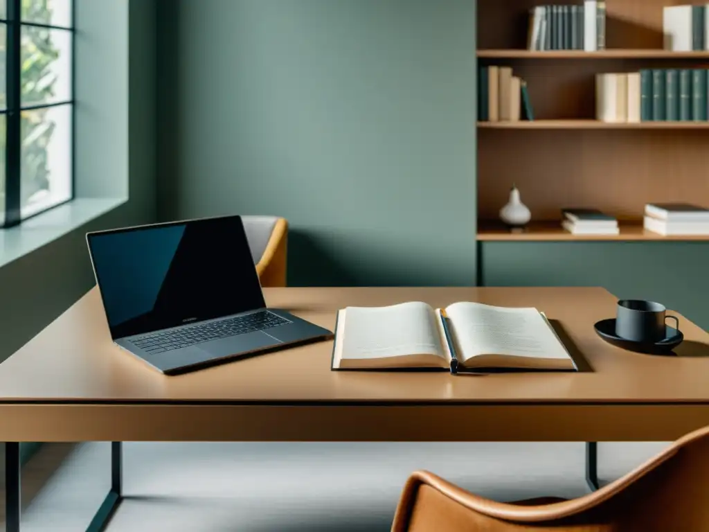 Un elegante escritorio moderno en 8k, bañado en luz natural, con laptop, libros y pluma