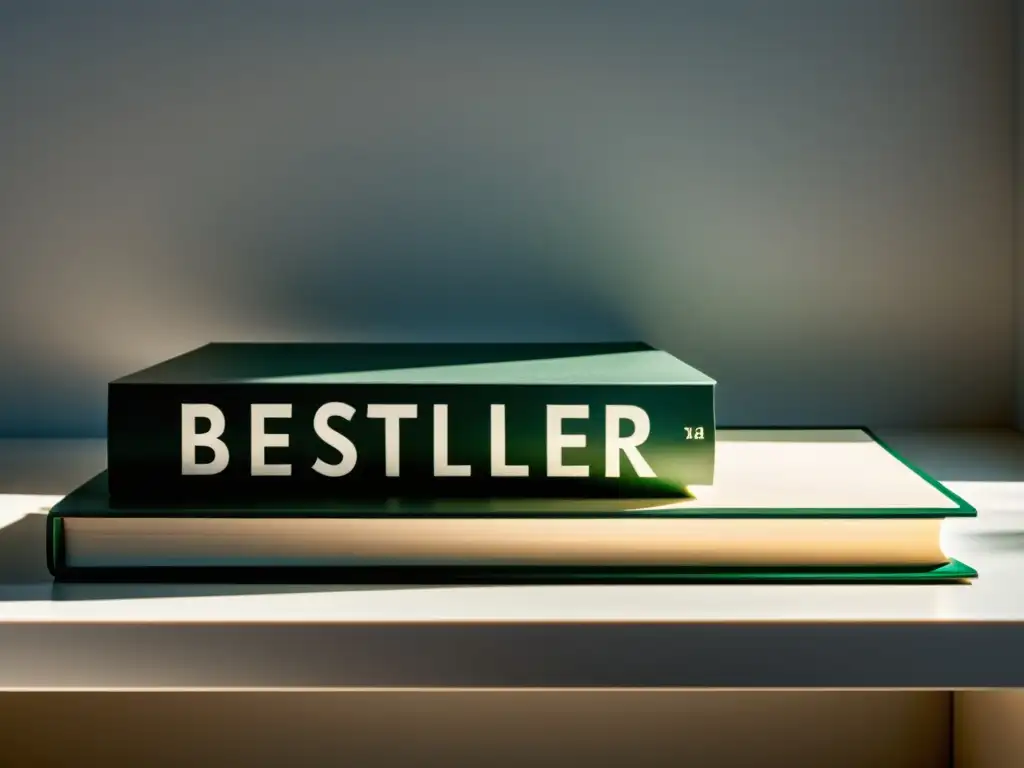 Un elegante escritorio moderno con un libro de tapa dura de alta calidad titulado 'Bestseller