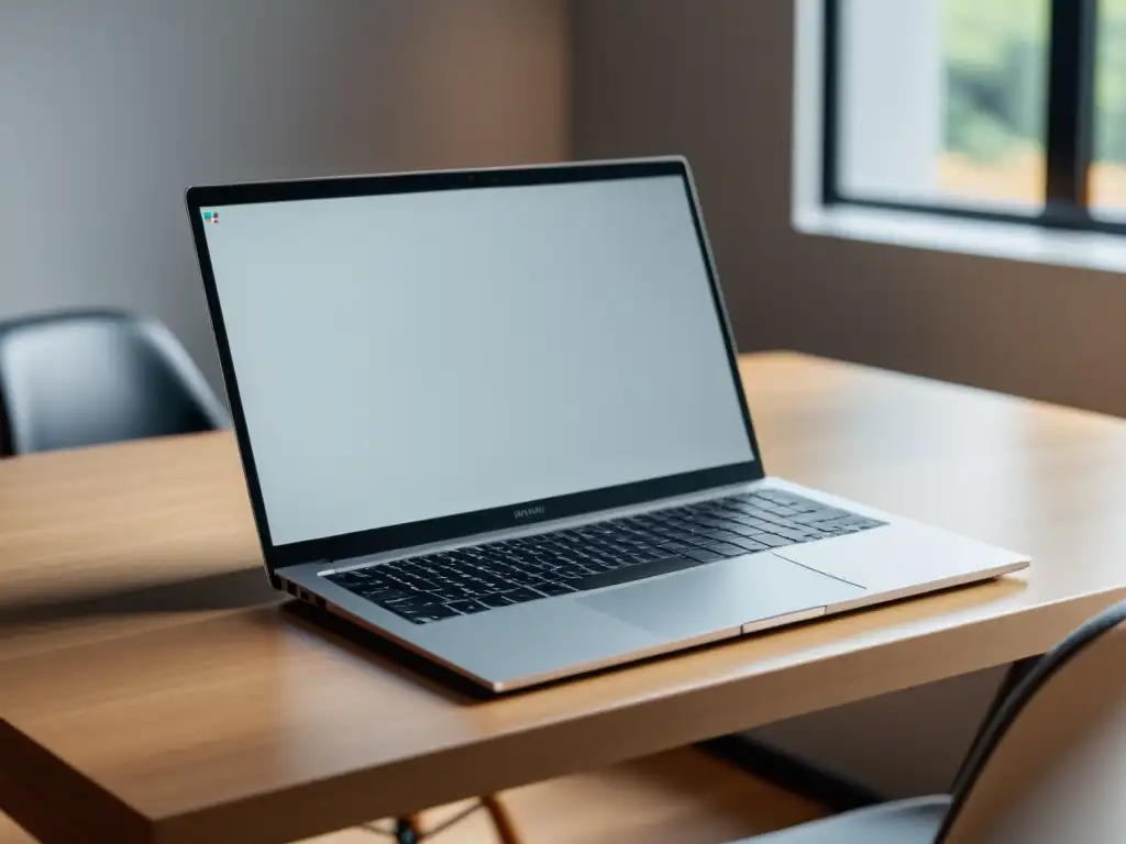 Un elegante escritorio con un moderno portátil y una pantalla en blanco, bañado por luz natural