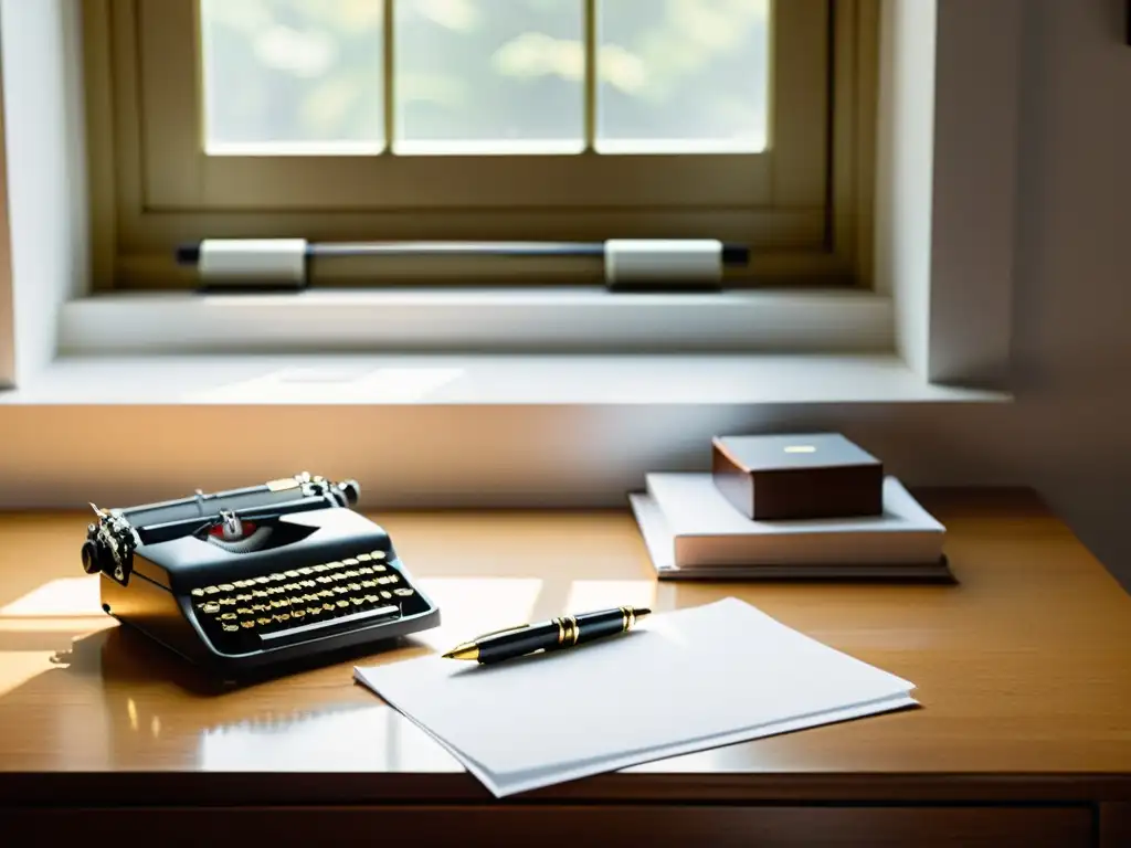 Una elegante escritura con pluma dorada y un escritorio minimalista, destacando la importancia de la corrección en la autoedición