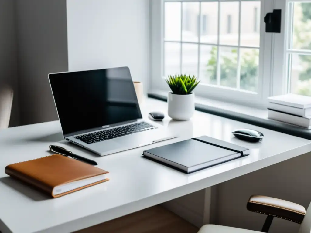 Un elegante espacio de trabajo minimalista con una moderna computadora, útiles de oficina y una taza de café humeante