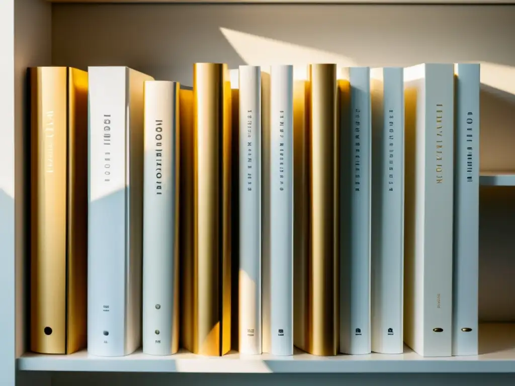 Un elegante estante blanco con libros perfectamente alineados, bañados por la cálida luz del sol