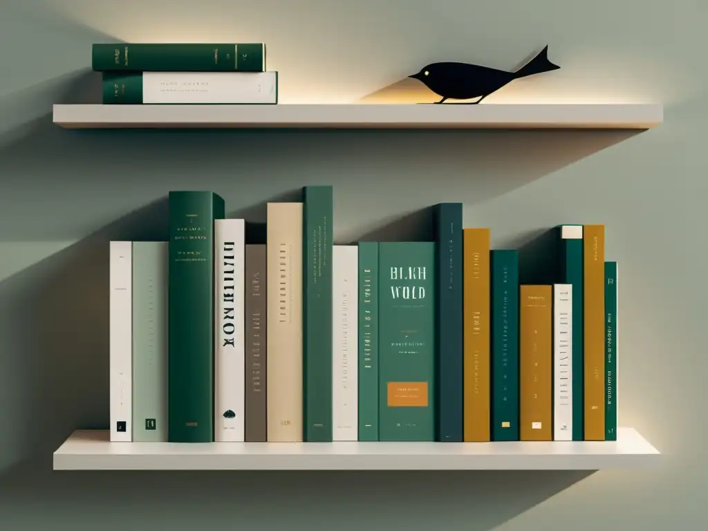 Un elegante estante con libros ordenados en tonos suaves y luz natural