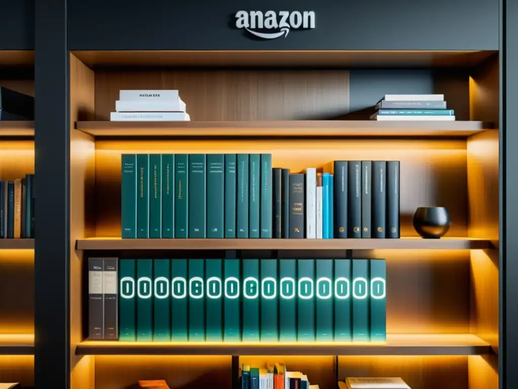 Un elegante estante lleno de libros, algunos con logotipos de Amazon y otras plataformas de publicación alternativa