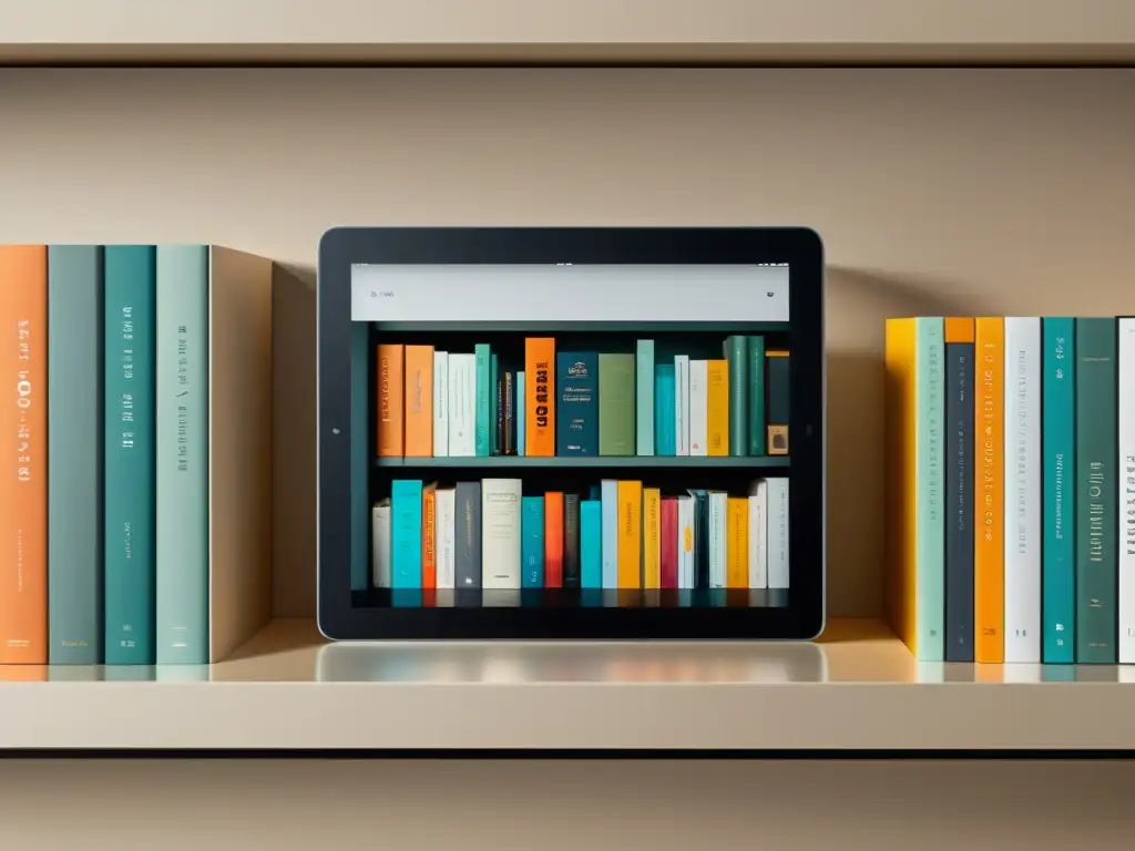 Una elegante estantería digital en un tablet, con libros ordenados y una atmósfera de organización eficiente de ebooks