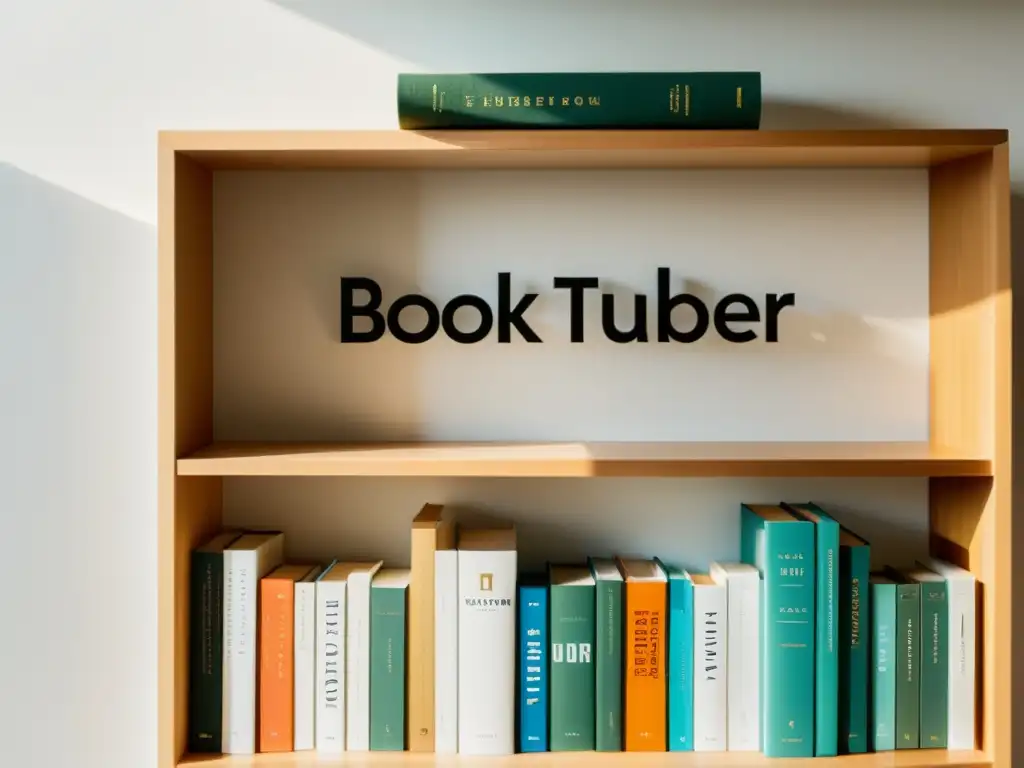 Una elegante estantería con libros ordenados y un libro destacado con el logo de 'booktuber', bañada en una cálida luz